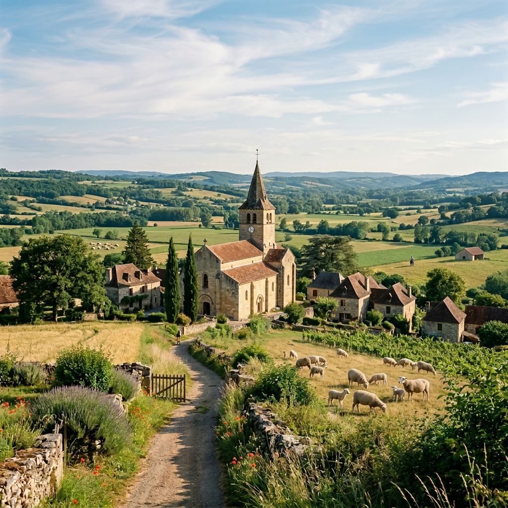Stone church with clock tower in a green rural village with rolling hills